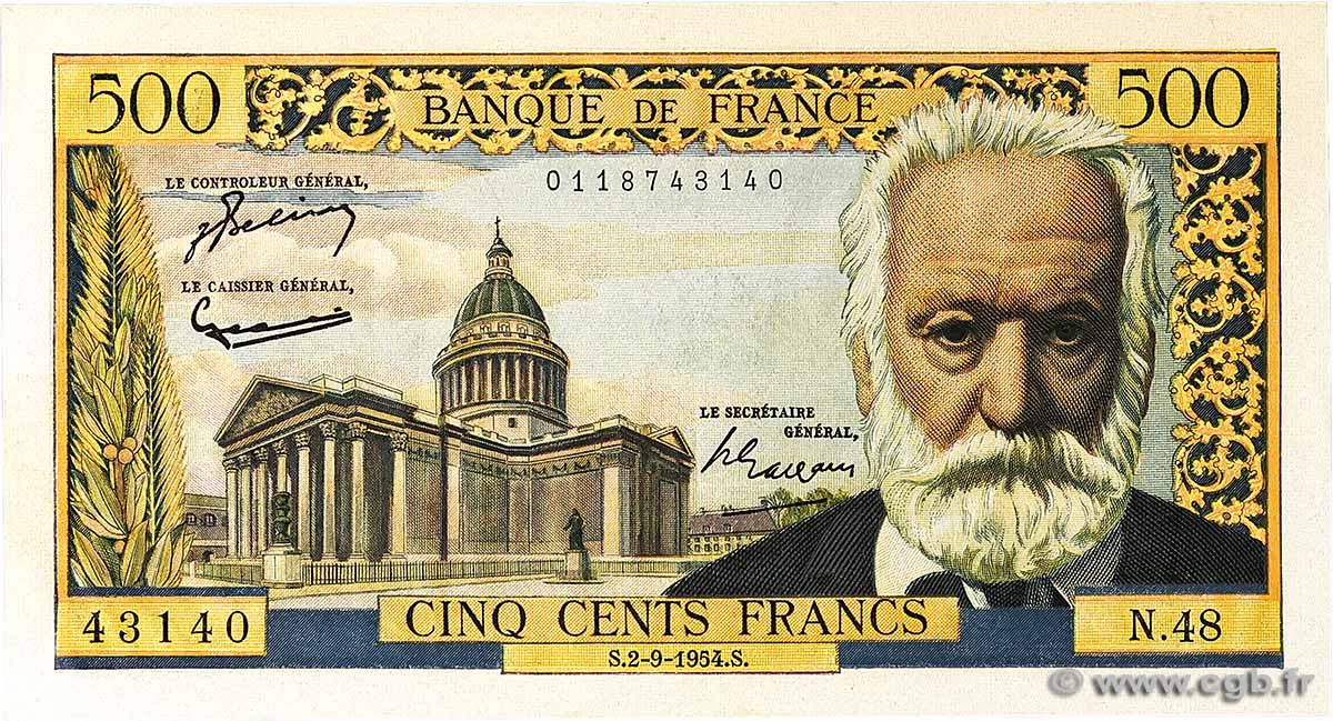 500 Francs VICTOR HUGO FRANCE 1954 F.35.03 AU