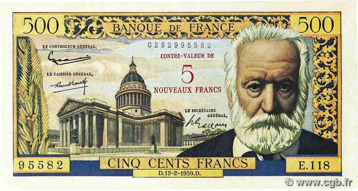 5 NF sur 500 Francs Victor HUGO FRANCE 1959 F.52.02 F+