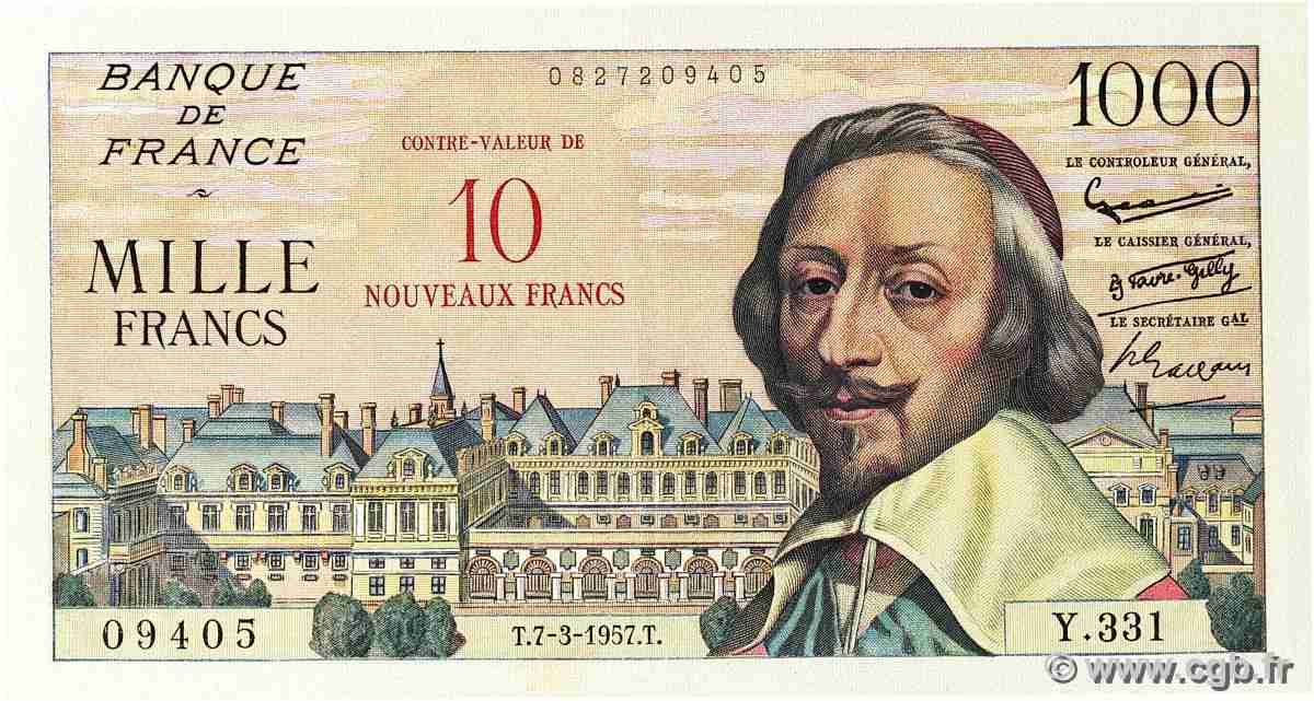 10 NF sur 1000 Francs RICHELIEU FRANCE 1957 F.53.01 XF+