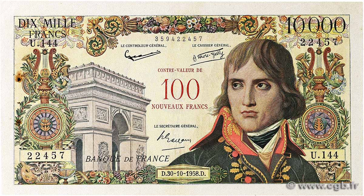 100 NF sur 10000 Francs BONAPARTE FRANCE 1958 F.55.01 VF+