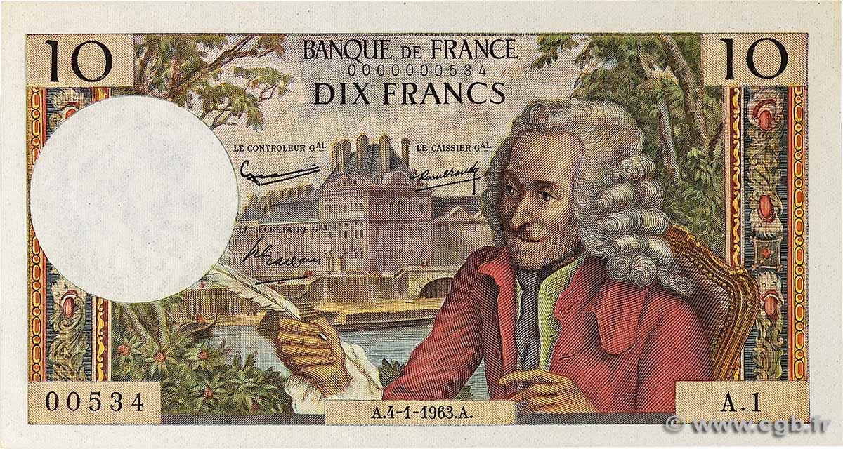 10 Francs VOLTAIRE Petit numéro FRANCE 1963 F.62.01A1 UNC-