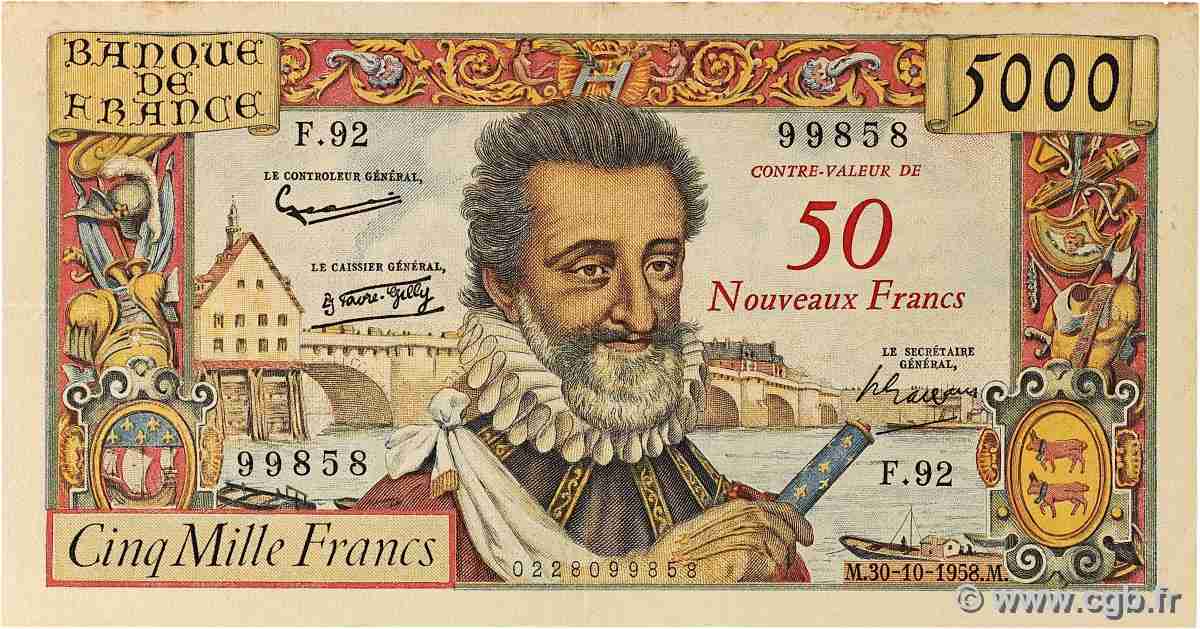 50 NF sur 5000 Francs HENRI IV FRANCE 1958 F.54.01 F+