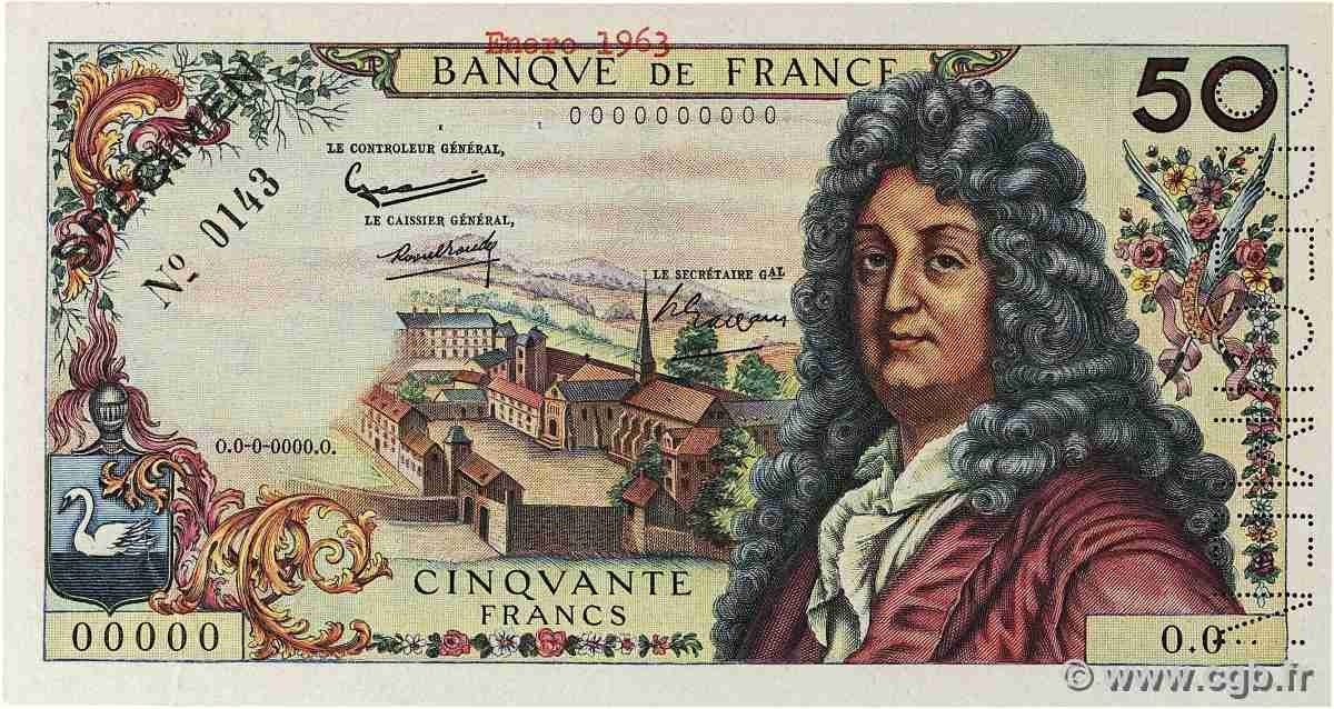 50 Francs RACINE Spécimen FRANCE 1962 F.64.01Spn AU