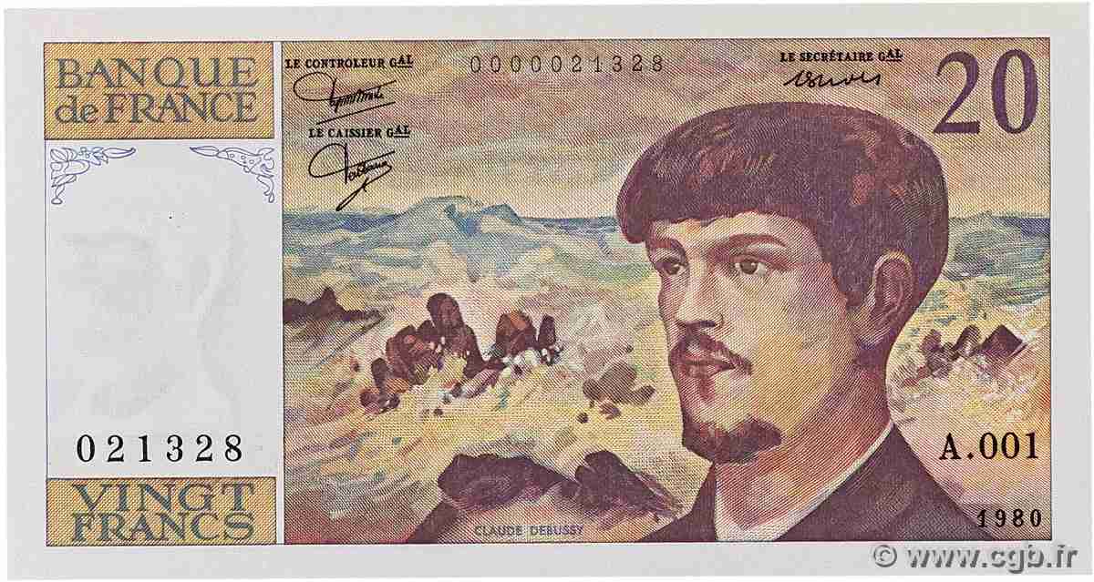 20 Francs DEBUSSY FRANCE 1980 F.66.01A1 UNC-