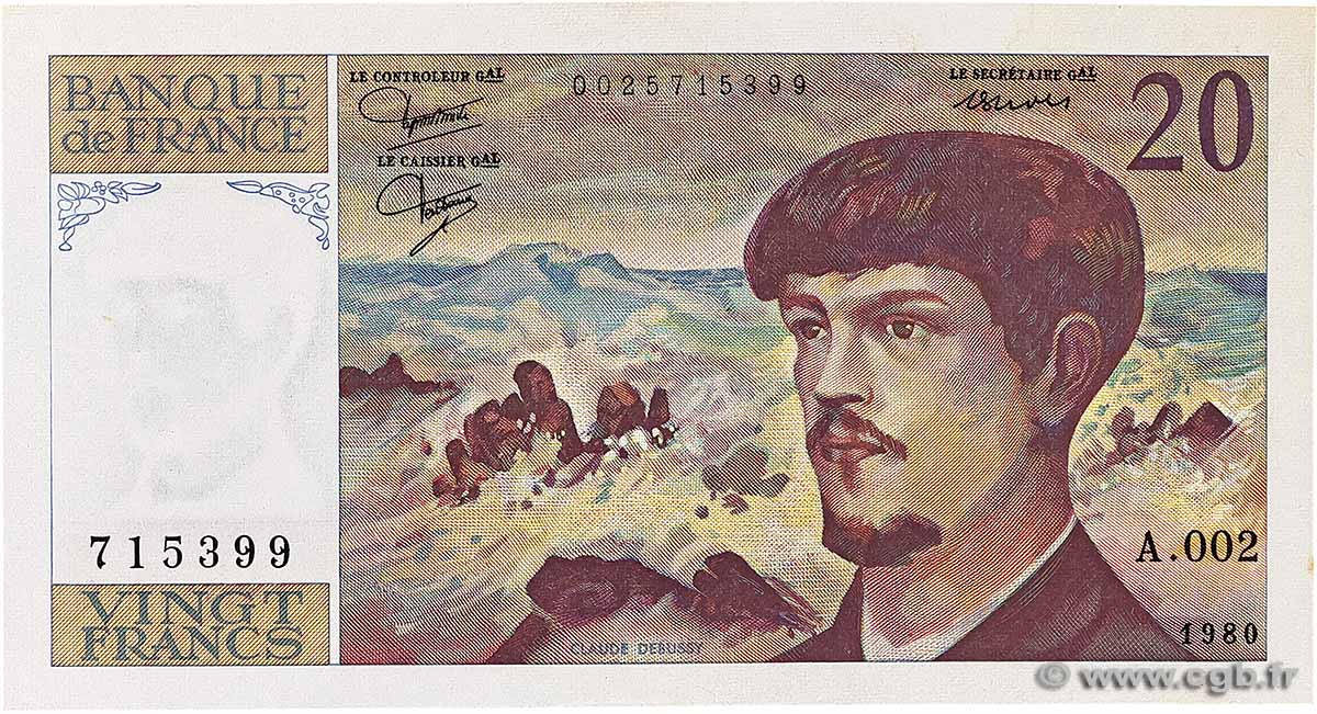 20 Francs DEBUSSY FRANCE 1980 F.66.01A2 UNC-