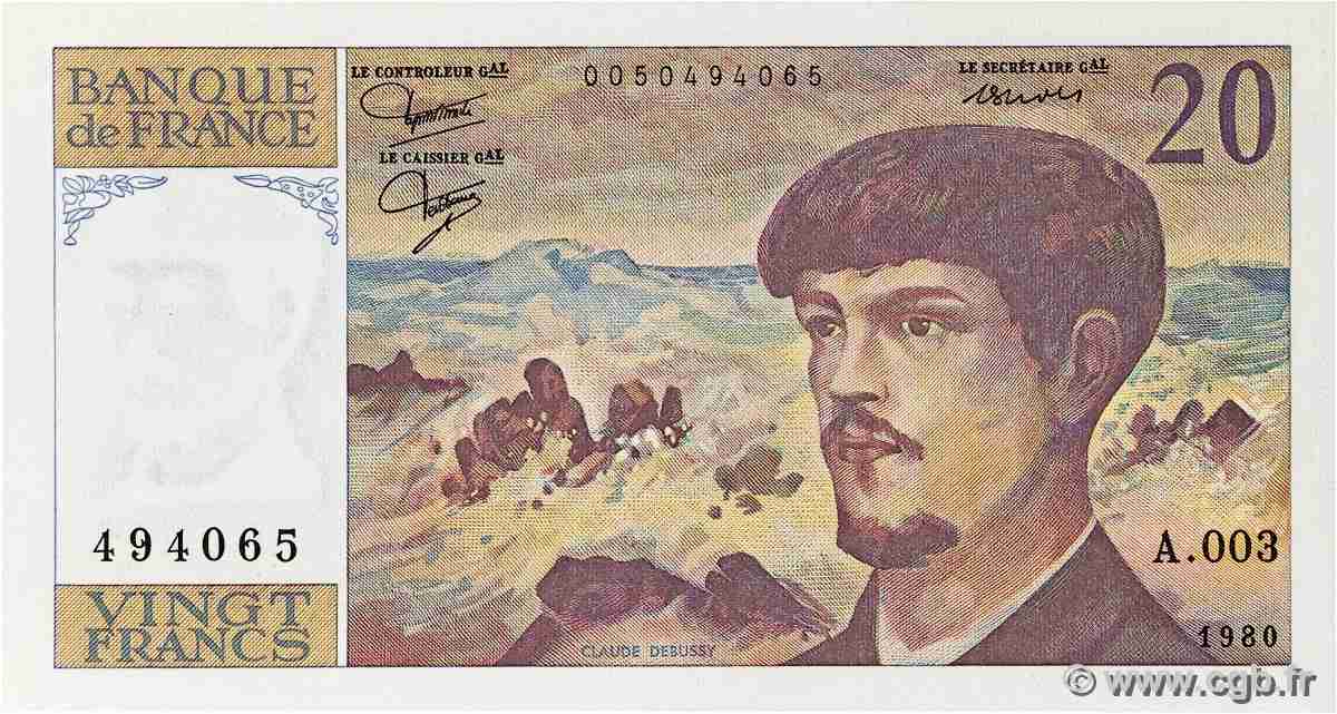 20 Francs DEBUSSY FRANCE 1980 F.66.01A3 UNC
