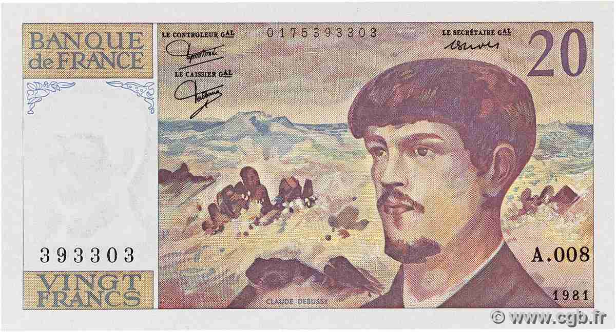 20 Francs DEBUSSY FRANCE 1981 F.66.02A8 UNC-