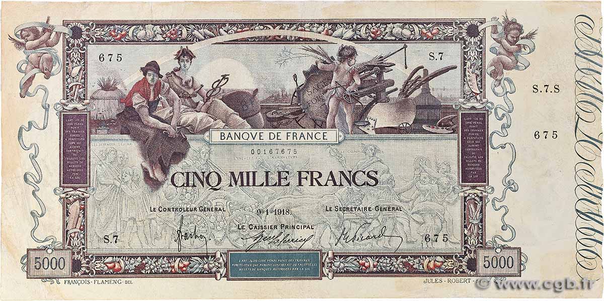 5000 Francs FLAMENG FRANCE 1918 F.43.01 F+