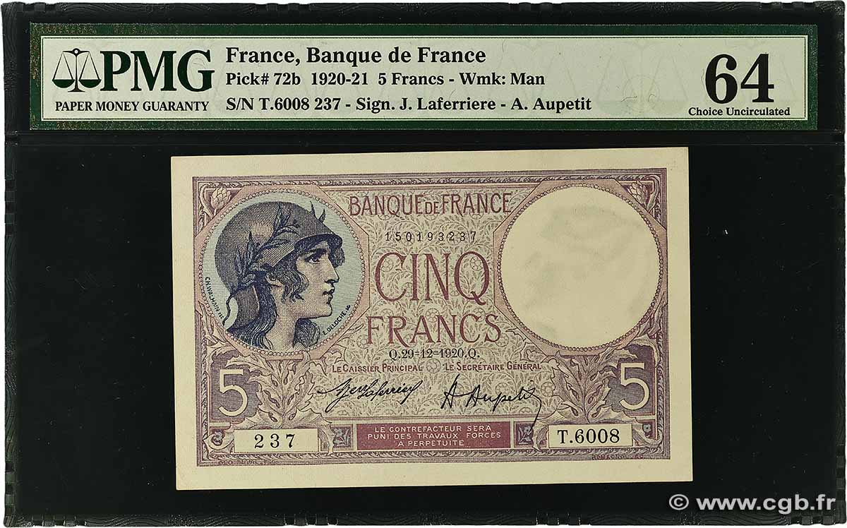 5 Francs FEMME CASQUÉE FRANCE 1920 F.03.04 pr.NEUF