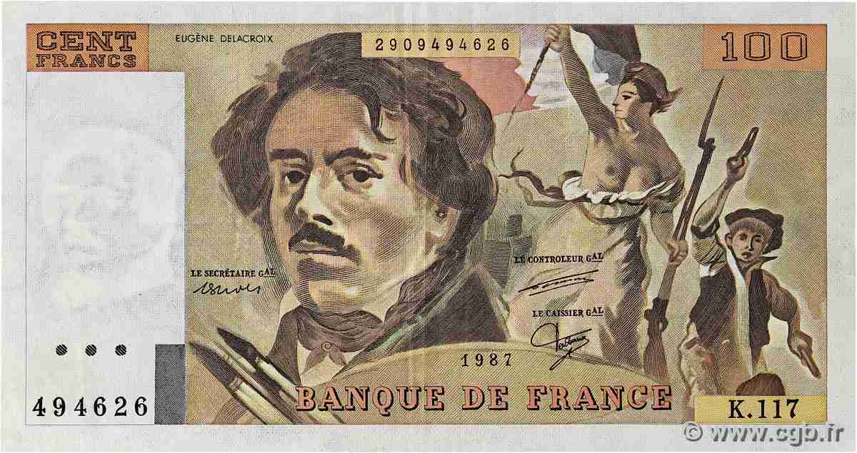 100 Francs DELACROIX modifié UNIFACE Fauté FRANCE 1987 F.69U.11 VF