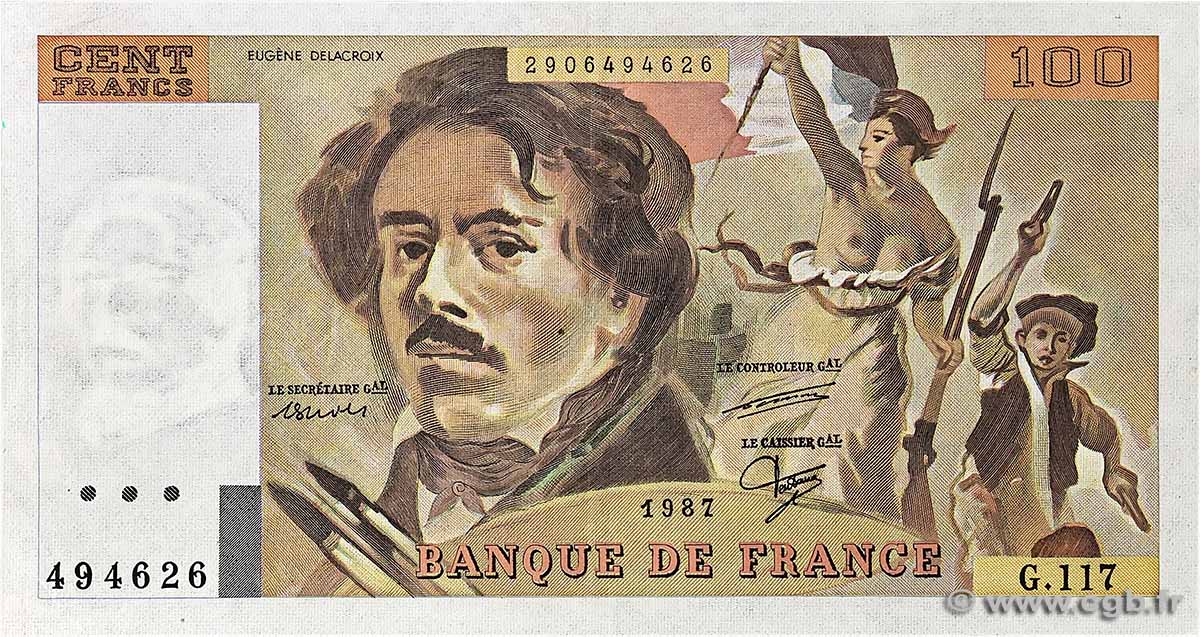 100 Francs DELACROIX modifié UNIFACE Fauté FRANCE 1987 F.69U.11 VF