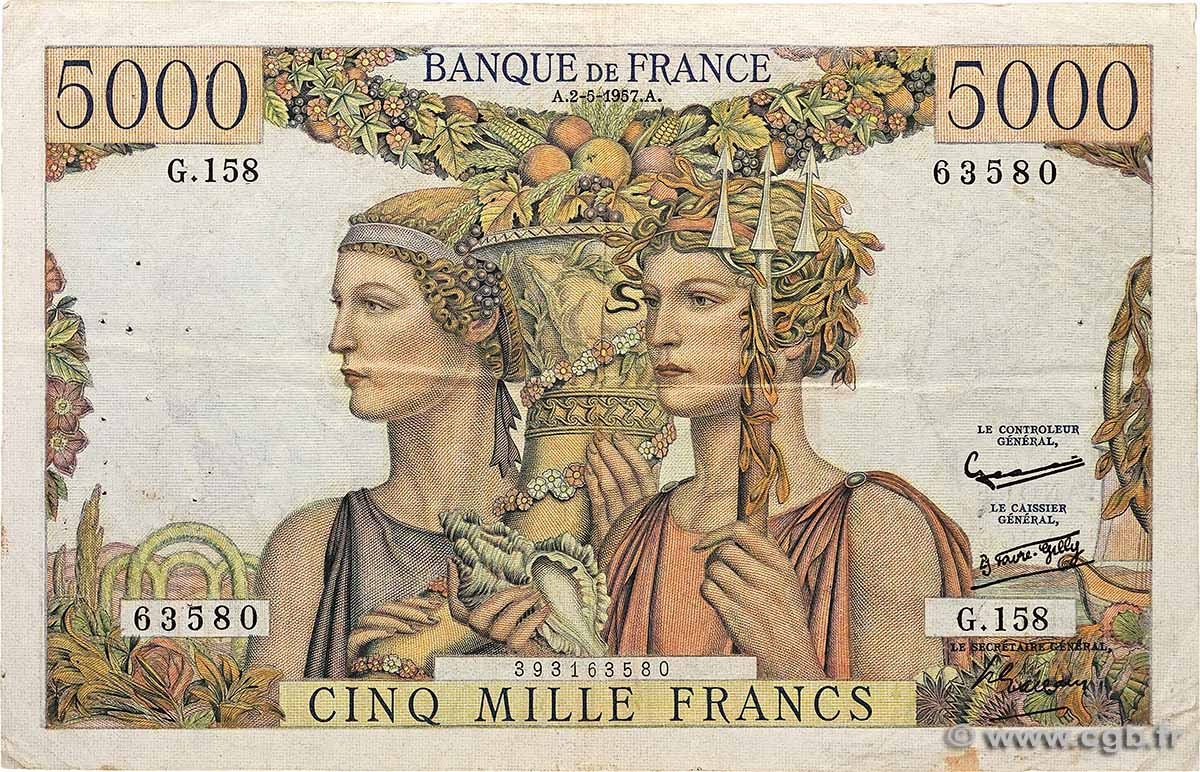 5000 Francs TERRE ET MER FRANCE 1957 F.48.14 F+