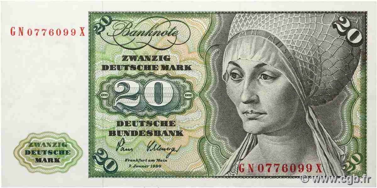 20 Deutsche Mark GERMAN FEDERAL REPUBLIC 1980 P.32d VF+