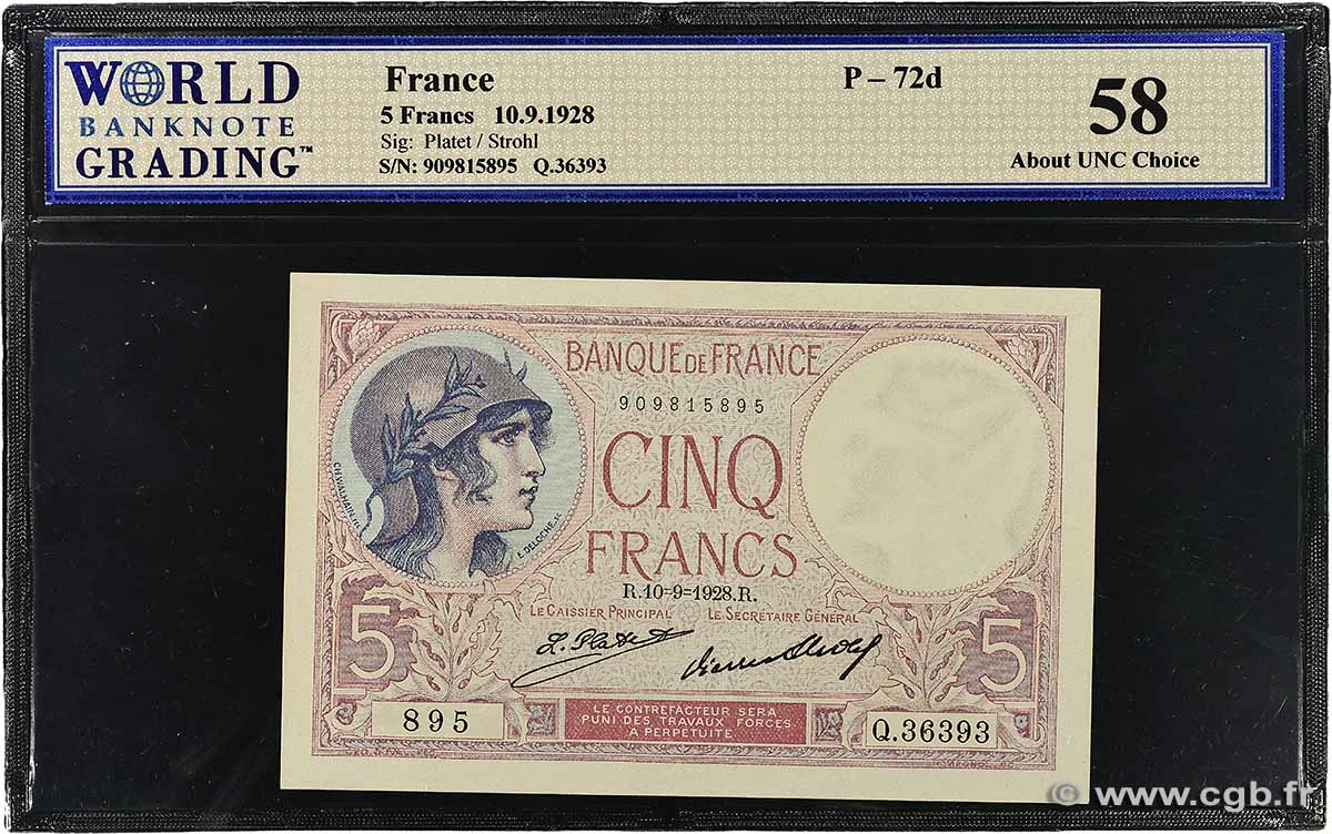 5 Francs FEMME CASQUÉE FRANCE 1928 F.03.12 AU
