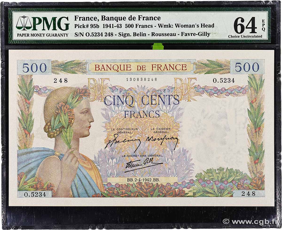 500 Francs LA PAIX FRANCE 1942 F.32.33 UNC-
