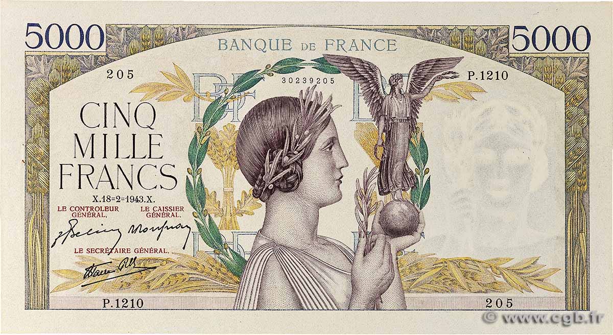 5000 Francs VICTOIRE Impression à plat FRANCE 1943 F.46.48 XF+