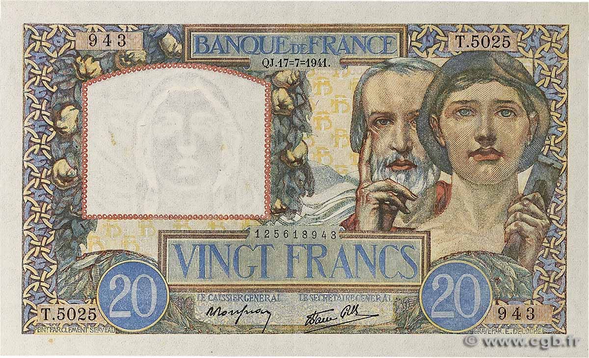 20 Francs TRAVAIL ET SCIENCE FRANCE 1941 F.12.16 XF+
