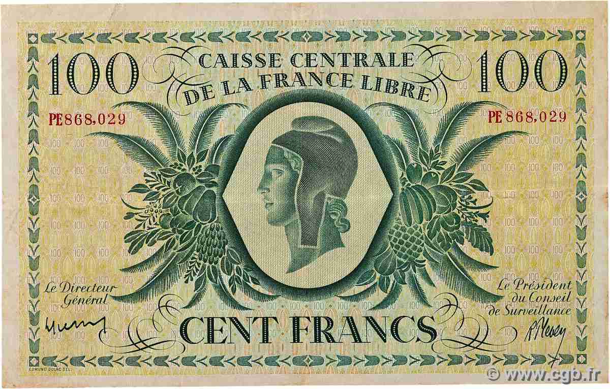 100 Francs REUNION ISLAND 1945 P.37c F+