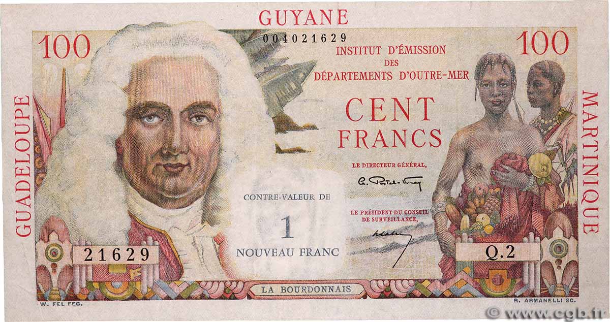 1 NF sur 100 Francs La Bourdonnais FRENCH ANTILLES 1960 P.01a VF
