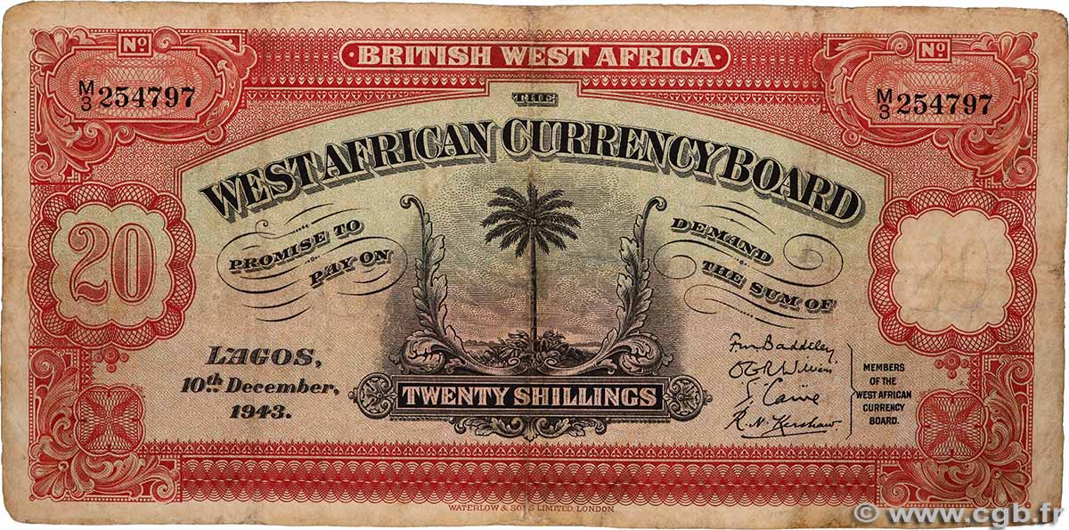 20 Shillings BRITISH WEST AFRICA 1943 P.08b F+
