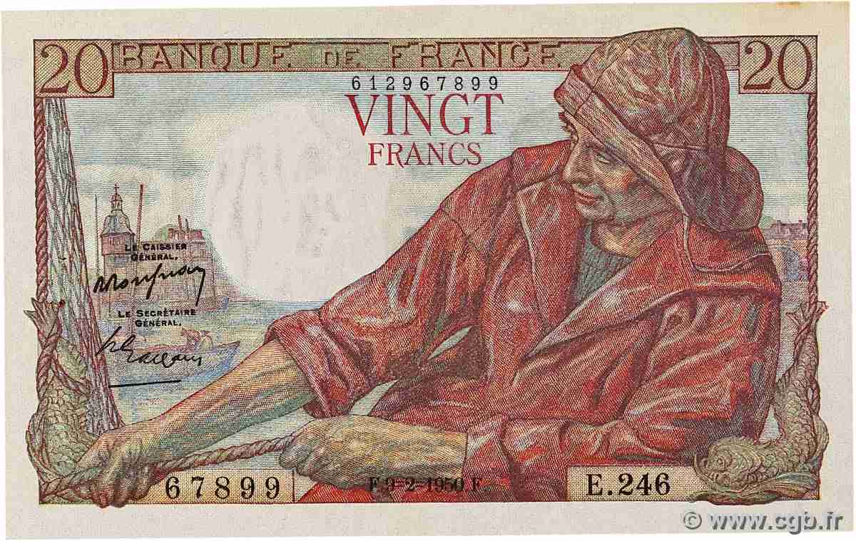20 Francs PÊCHEUR FRANKREICH 1950 F.13.17 VZ+