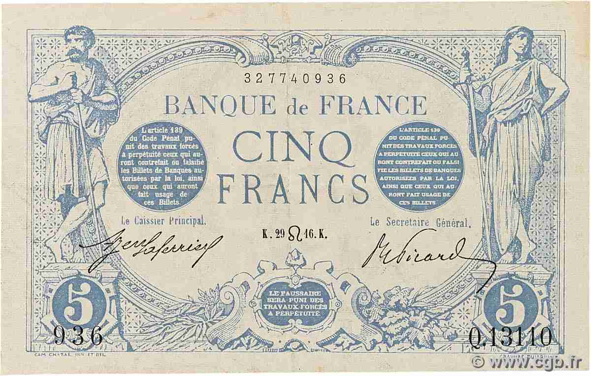 5 Francs BLEU FRANCE 1916 F.02.41 VF+