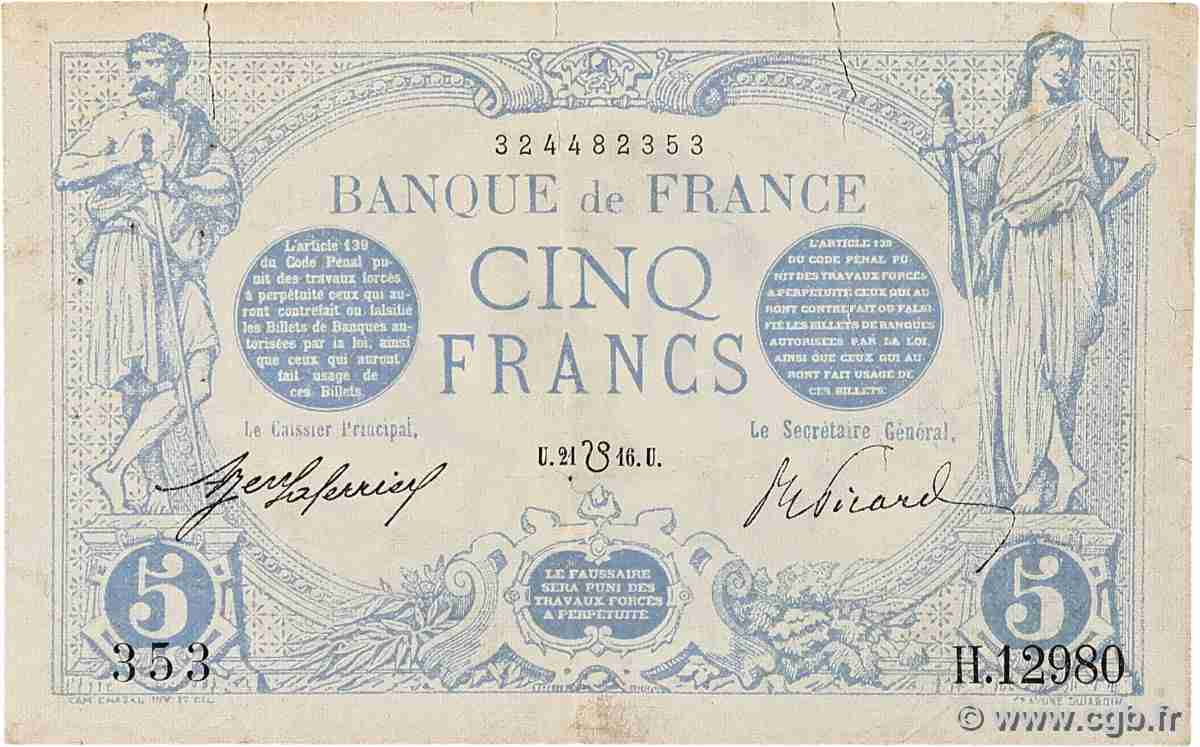5 Francs BLEU lion inversé FRANCE 1916 F.02bis.04 VG