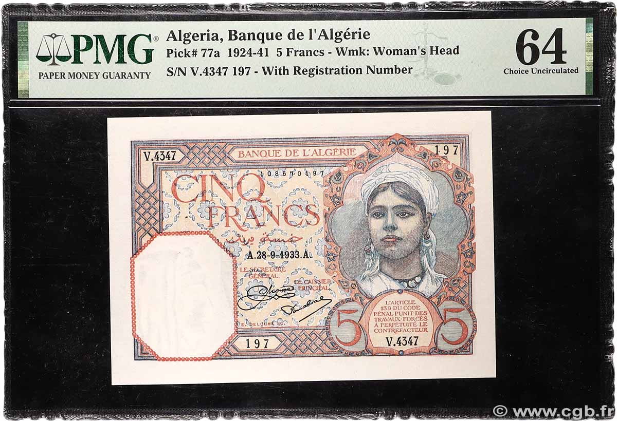 5 Francs ALGERIA 1933 P.077a UNC-