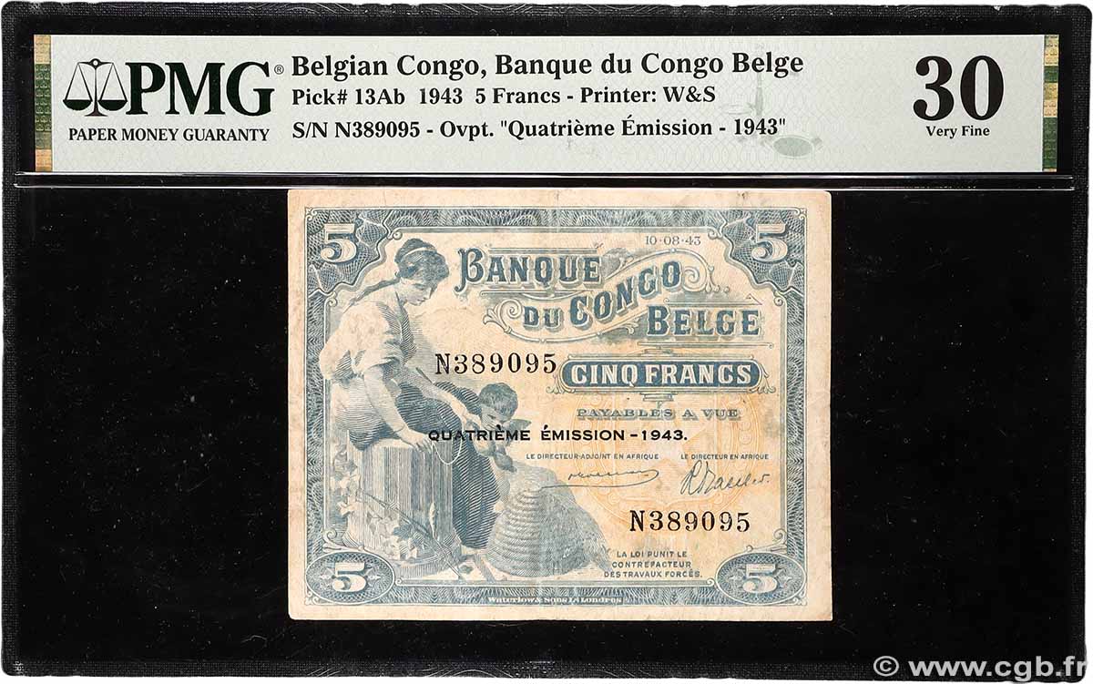 5 Francs BELGIAN CONGO 1943 P.13Ab VF