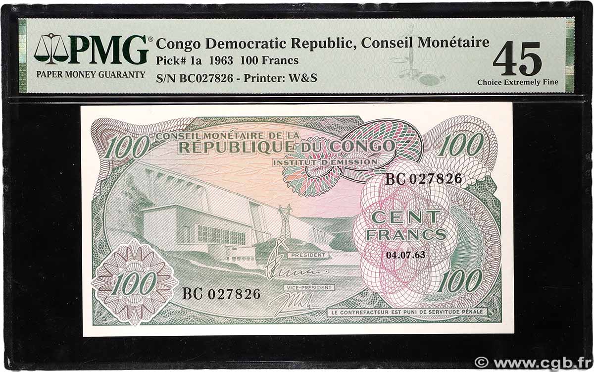 100 Francs CONGO, DEMOCRATIQUE REPUBLIC 1963 P.001a XF