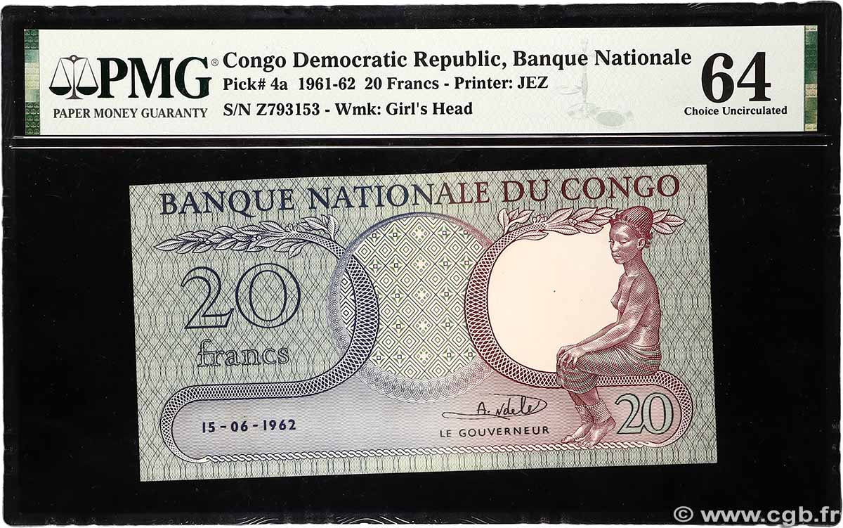 20 Francs REPUBBLICA DEMOCRATICA DEL CONGO 1962 P.004a q.FDC