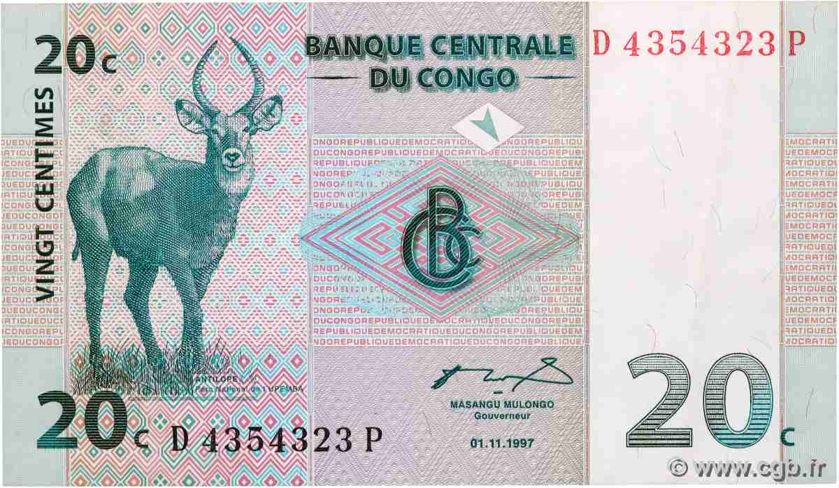 20 Centimes CONGO, DEMOCRATIQUE REPUBLIC 1997 P.083a VF+
