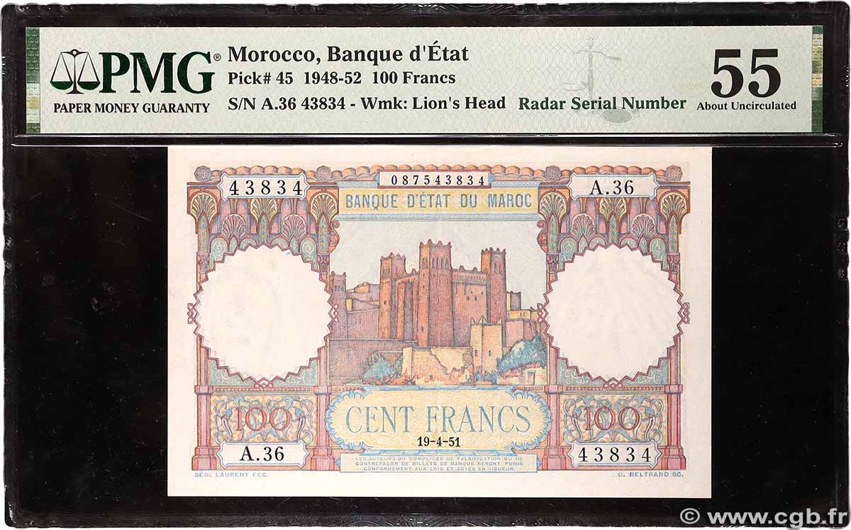 100 Francs Numéro radar MAROC 1951 P.45 SPL