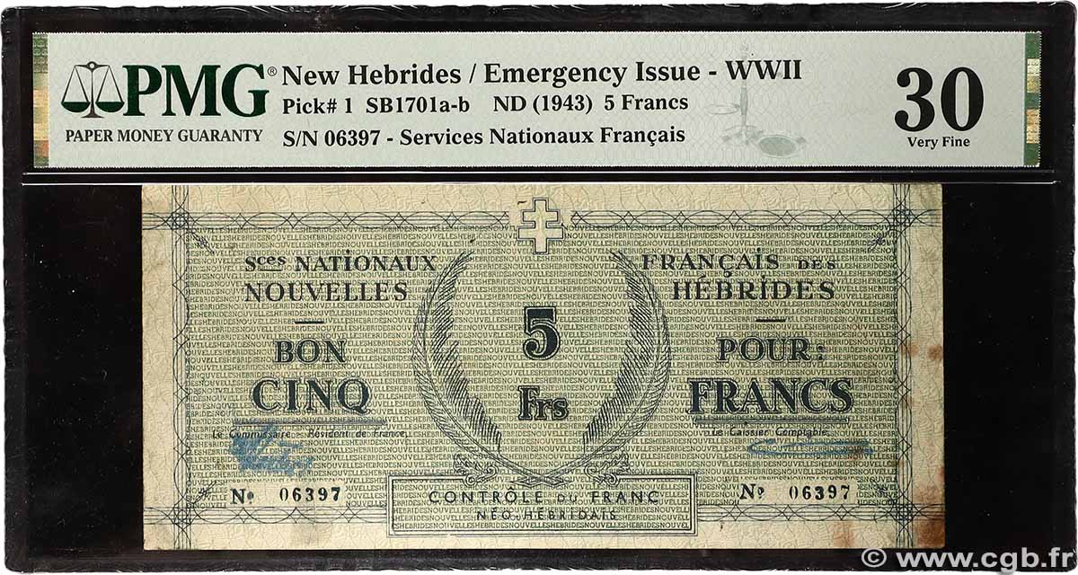 5 Francs NUEVAS HÉBRIDAS 1943 P.01 MBC