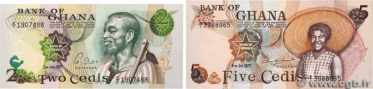 2 et 5 Cedis Lot GHANA 1977 P.14c NEUF