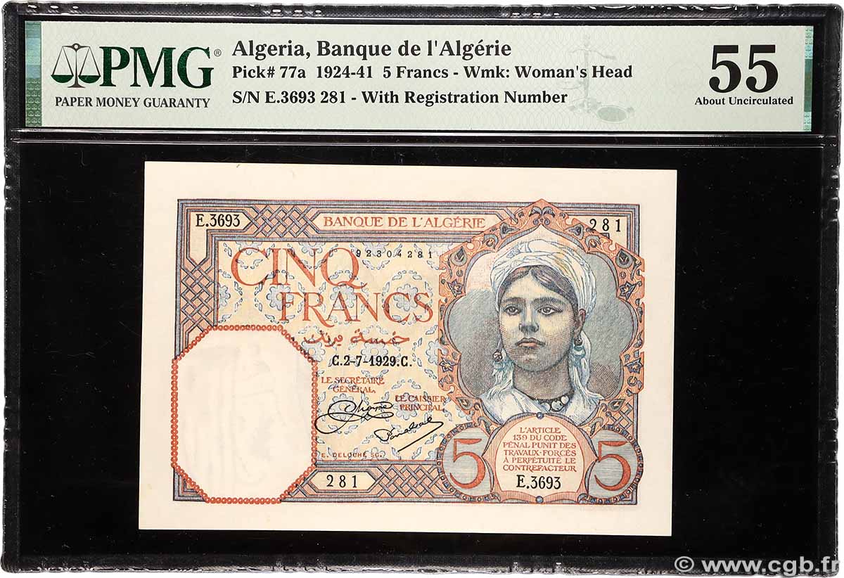 5 Francs ALGERIA 1929 P.077a AU