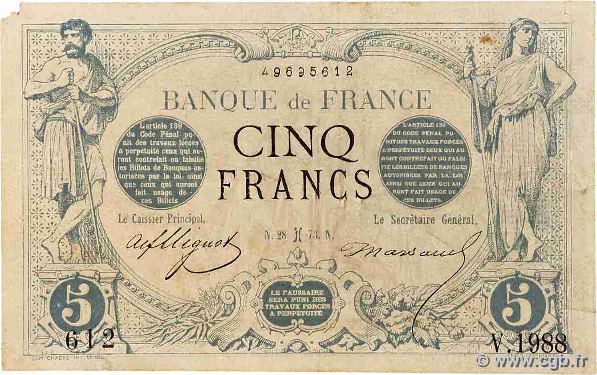 5 Francs NOIR FRANCE 1873 F.01.15 VG