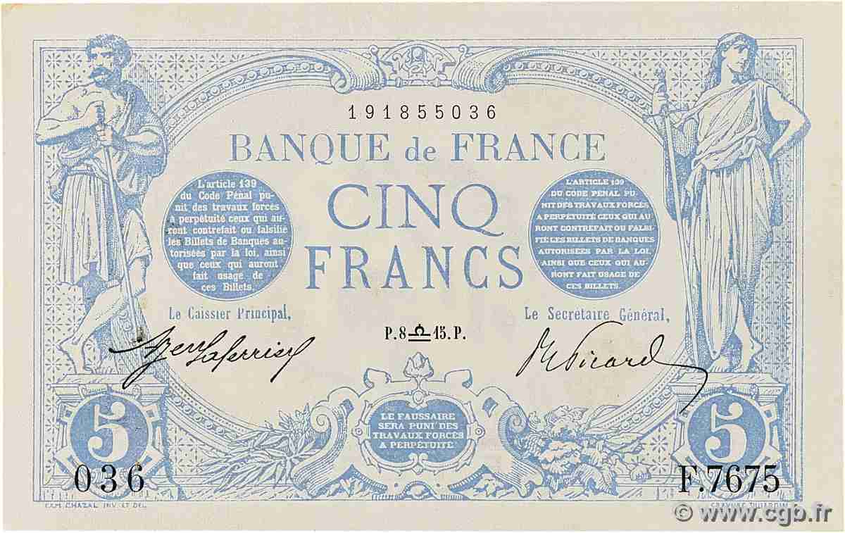 5 Francs BLEU FRANCE 1915 F.02.31 XF+