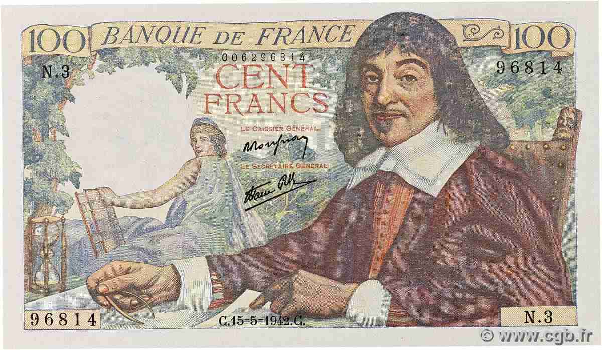 100 Francs DESCARTES FRANCE 1942 F.27.01 UNC-