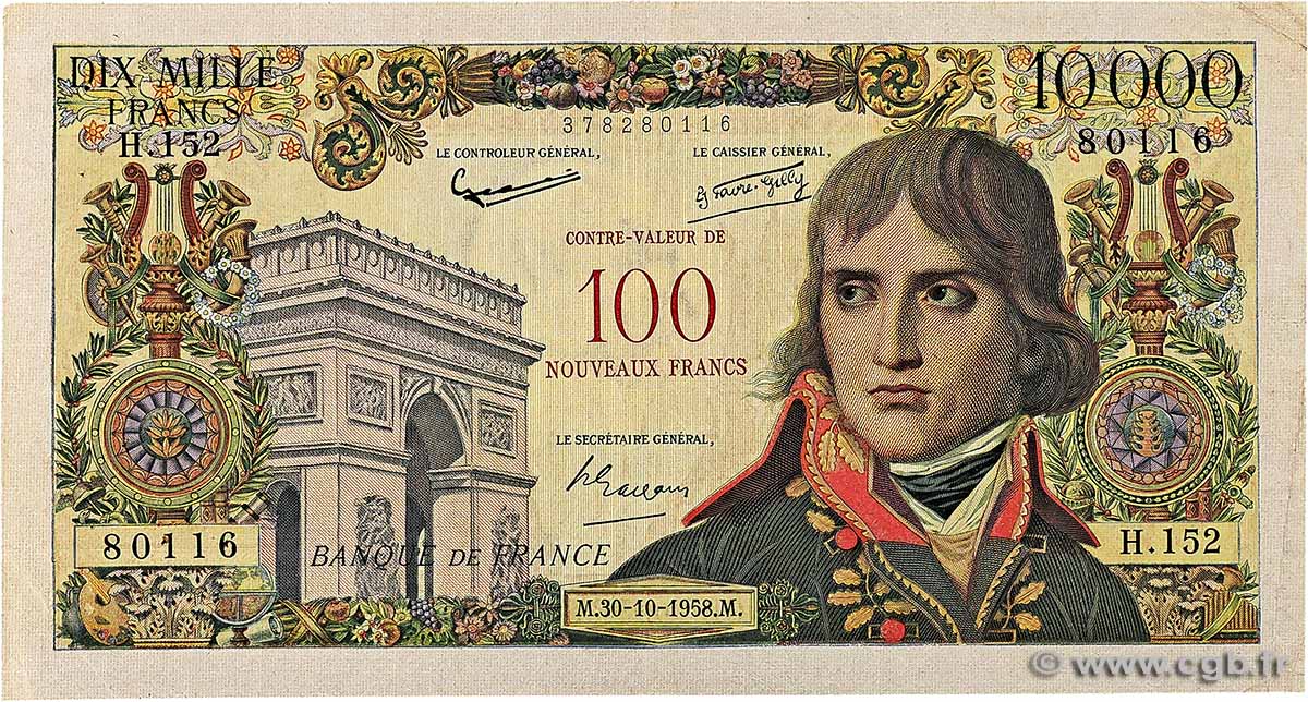 100 NF sur 10000 Francs BONAPARTE FRANCE 1958 F.55.01 F+