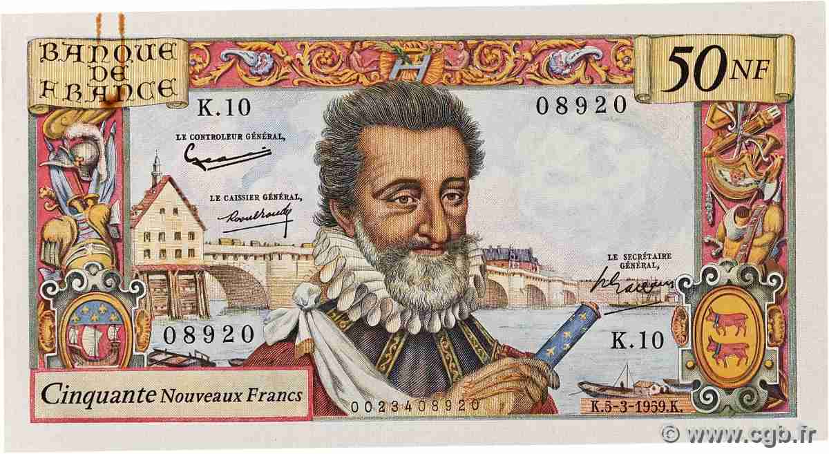 50 Nouveaux Francs HENRI IV FRANCE 1959 F.58.01 XF