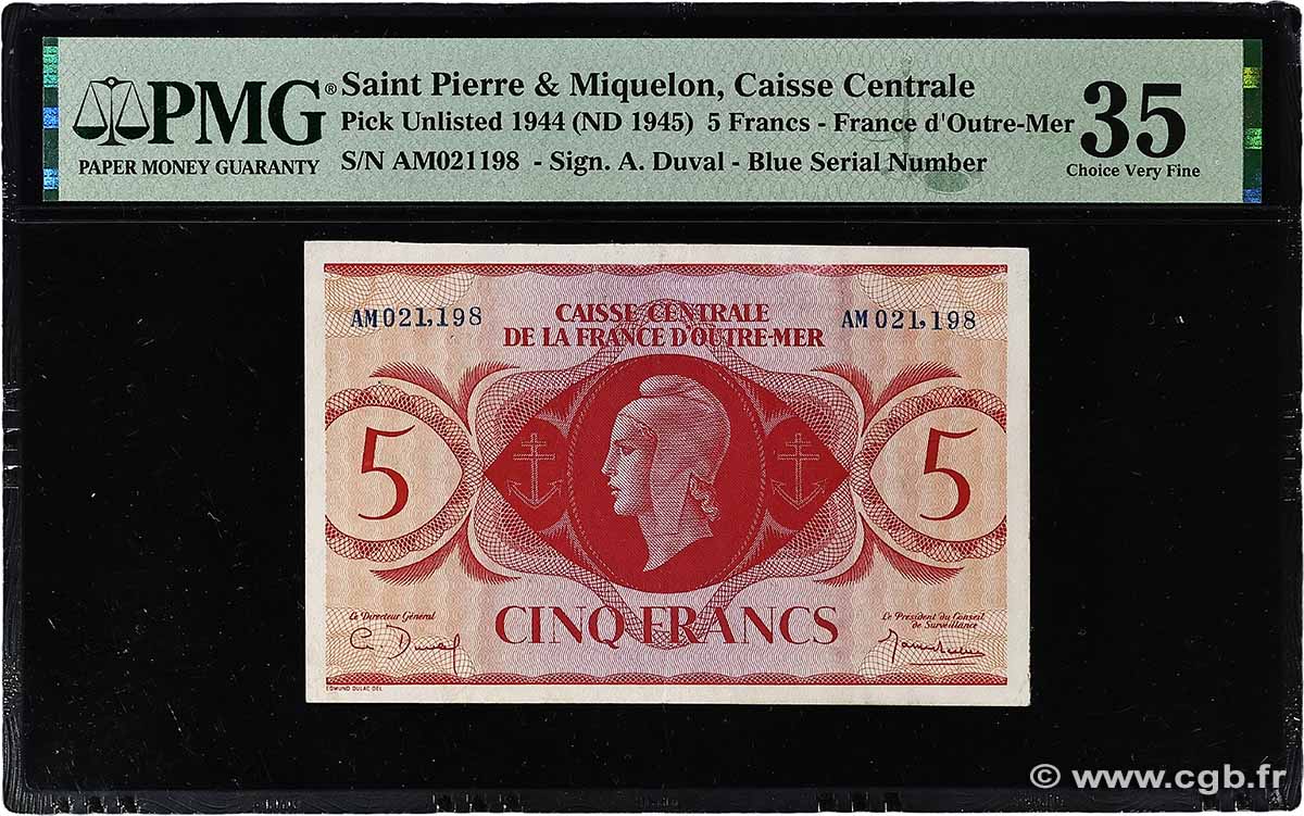 5 Francs Marianne SAINT PIERRE ET MIQUELON 1944 P.(15) TTB+