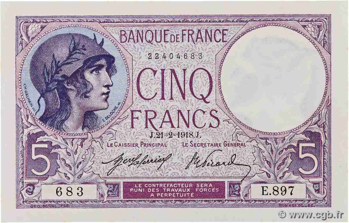 5 Francs FEMME CASQUÉE FRANCE 1918 F.03.02 UNC-