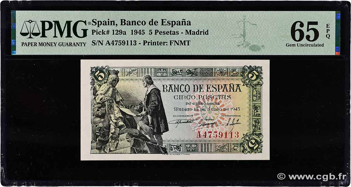5 Pesetas SPAIN 1945 P.129a UNC