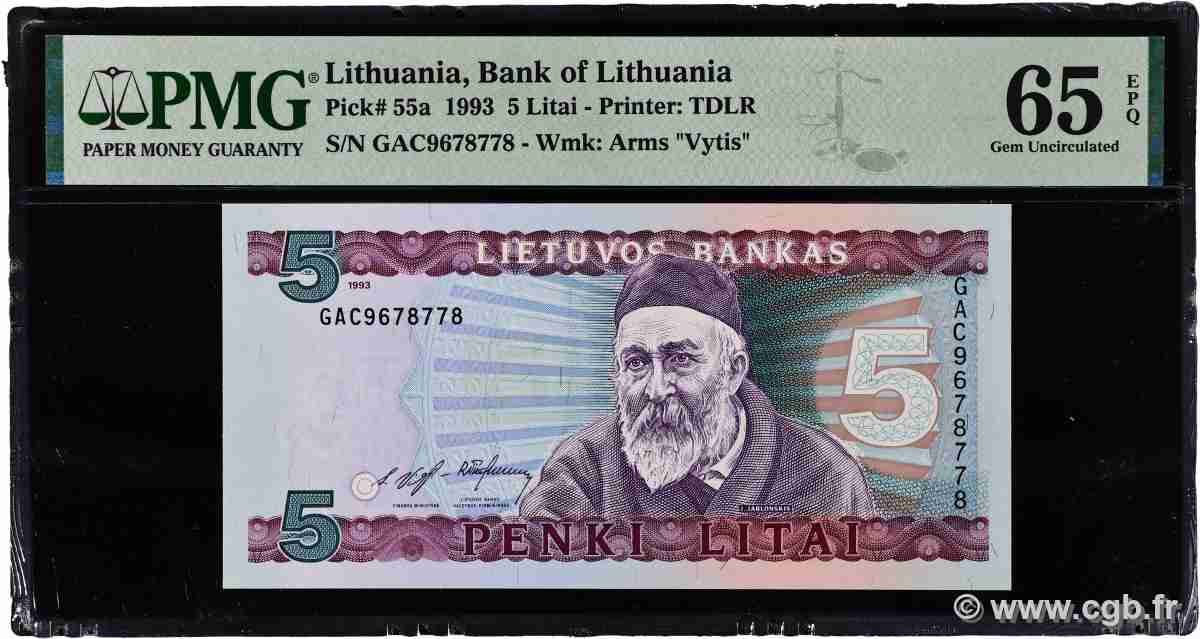 5 Litai LITHUANIA 1993 P.55a UNC