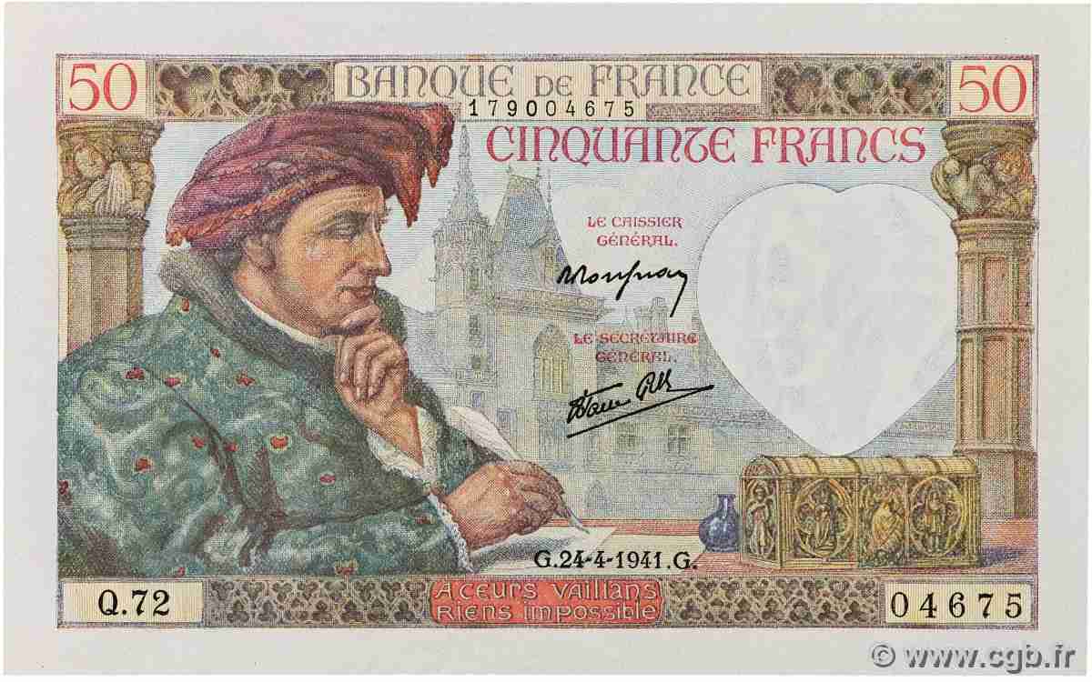 50 Francs JACQUES CŒUR FRANCE 1941 F.19.09 UNC-