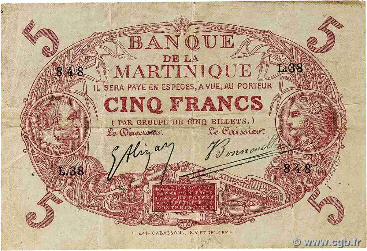 5 Francs Cabasson rouge MARTINIQUE 1903 P.06A q.BB
