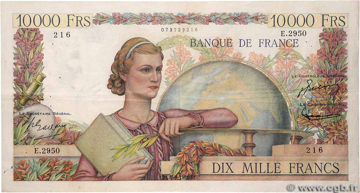 10000 Francs GÉNIE FRANÇAIS FRANKREICH 1952 F.50.60 fSS
