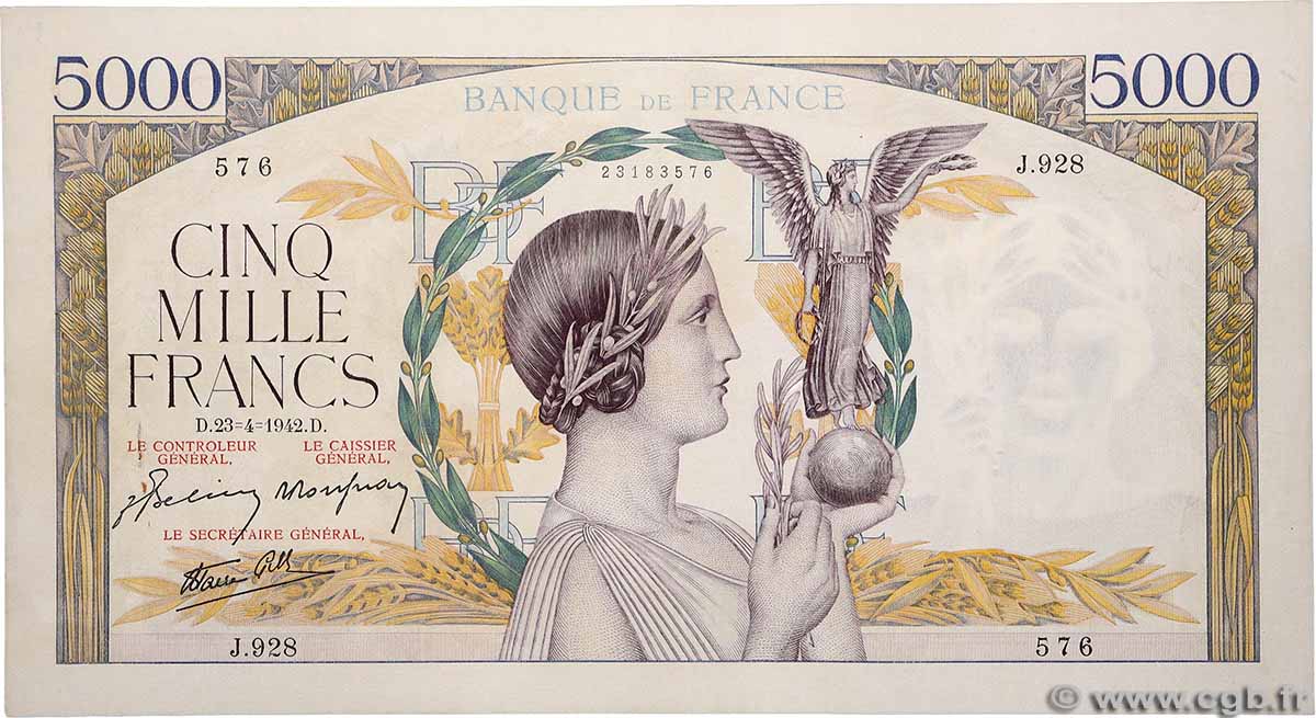 5000 Francs VICTOIRE Impression à plat FRANCE 1942 F.46.37 TTB+