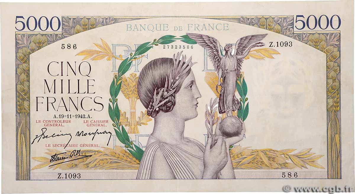 5000 Francs VICTOIRE Impression à plat FRANCE 1942 F.46.44 TTB+